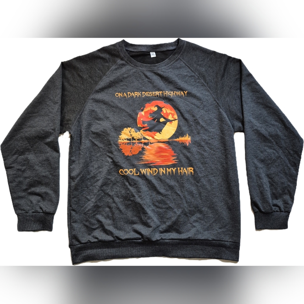 Witch Halloween Grey Pullover Sweatshirt, Size XL | On a Dark Desert Highway - Picture 2 of 7